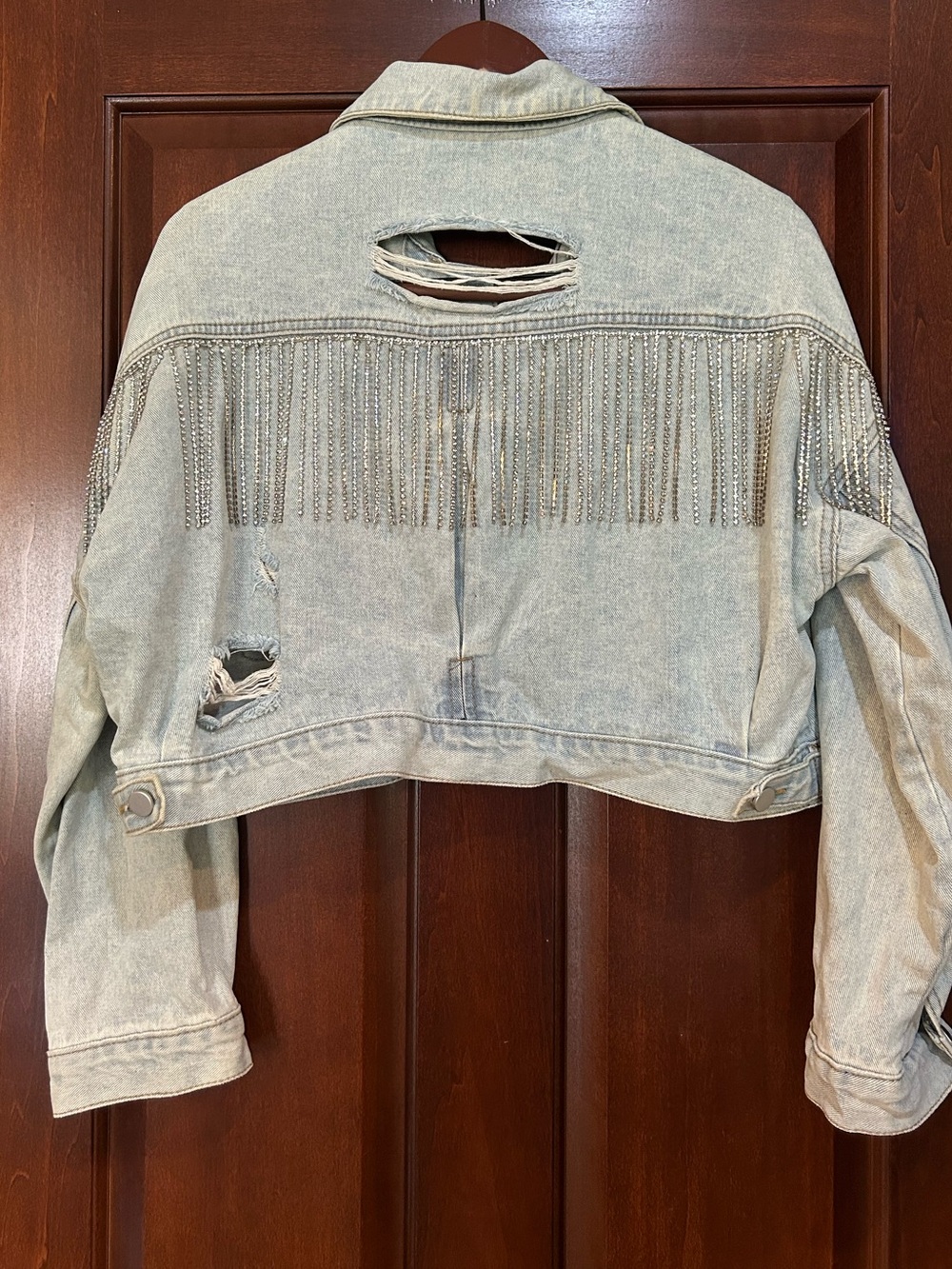 Blue B Collection Cropped Distressed Denim Jacket Rhinestone Fringe S/M